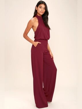 Lulu's Burgundy Halter Wide-Leg Jumpsuit